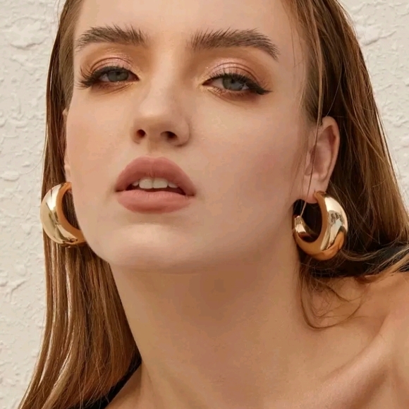 Anthropologie Jewelry - NEW! Minimalist Puffy Chunky Half Moon Gold Open Hoop Earrings